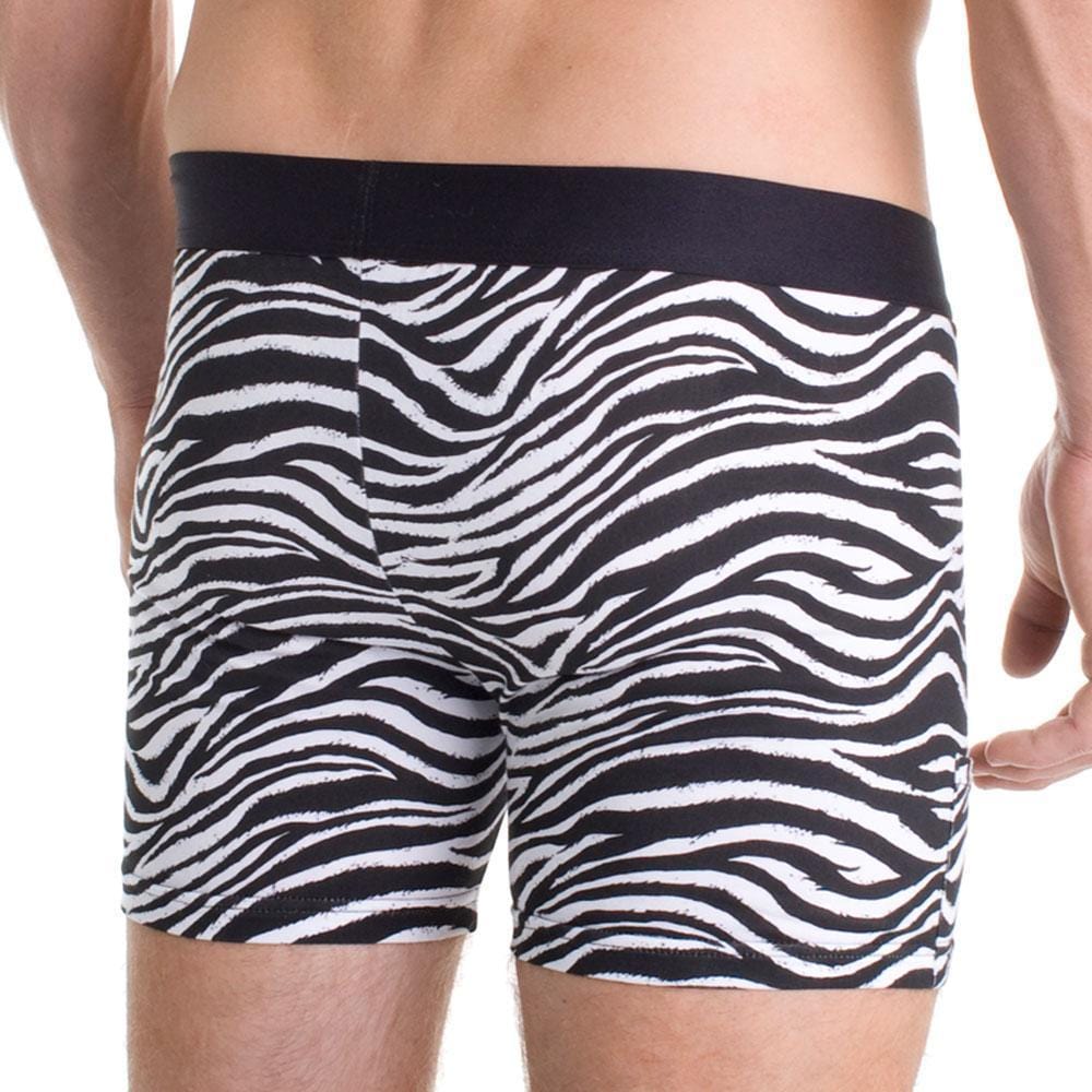 Sly SLBUZEBWM men’s boxer brief with black and white zebra stripes and solid black elastic waistband