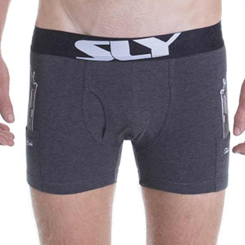 Dark gray heathered sly sly0020008w boxer briefs with black waistband and white logo featuring side pockets resembling zippers