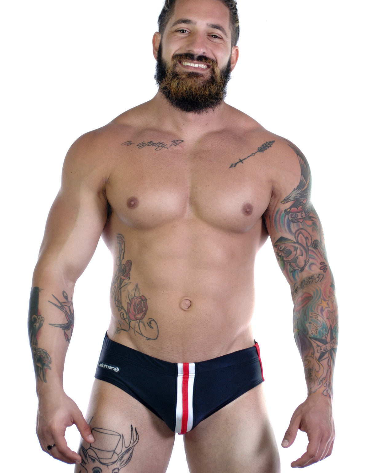 Sportivo black bikini with vertical red and white stripes down the center, worn by a smiling tattooed man.