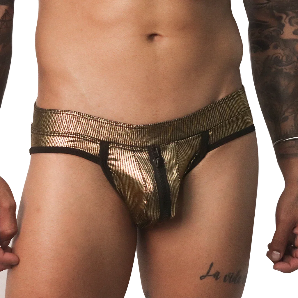 Metallic gold jockstrap with a textured finish, black trim, and a functional front zipper closure.