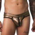 Metallic gold jockstrap with a textured finish, black trim, and a functional front zipper closure.