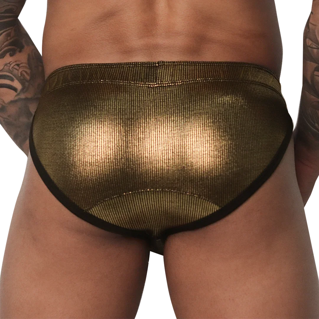 Metallic gold brief with a textured finish, thick waistband, and black trim, worn from the back.