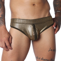 Metallic gold ribbed brief with a center front zipper and dark trim on a muscular torso.