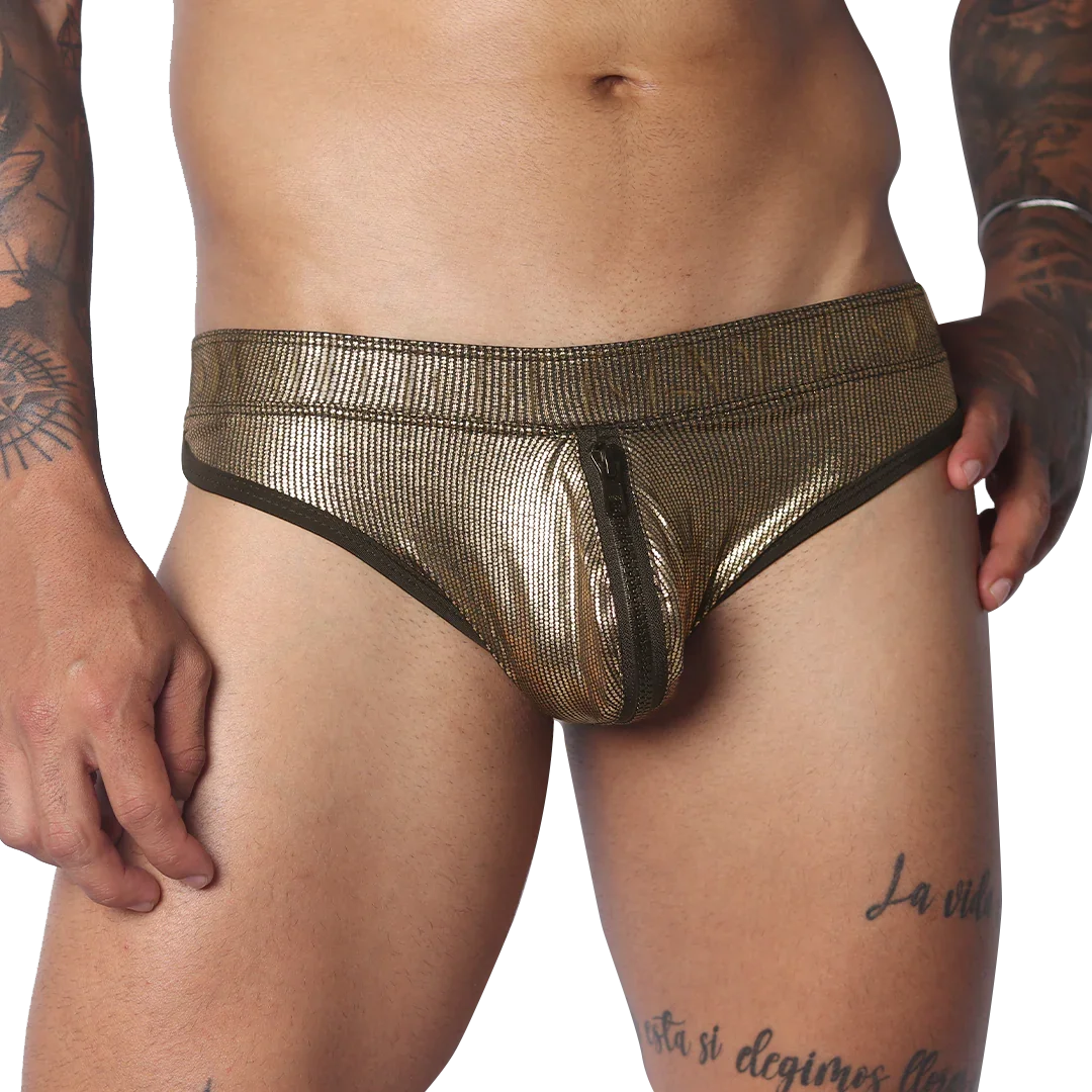 Metallic gold ribbed brief with a center front zipper and dark trim on a muscular torso.