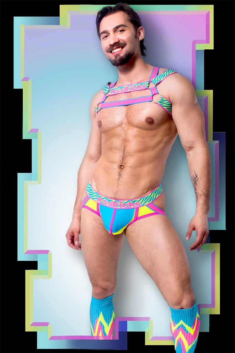 Arnés Prismatik para hombre de ssTricks Apparel | Azul/Amarillo/Rosa