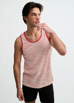 ST33LE Space Dye Textured Knit Tank in Poppy worn by a model with solid red trim.