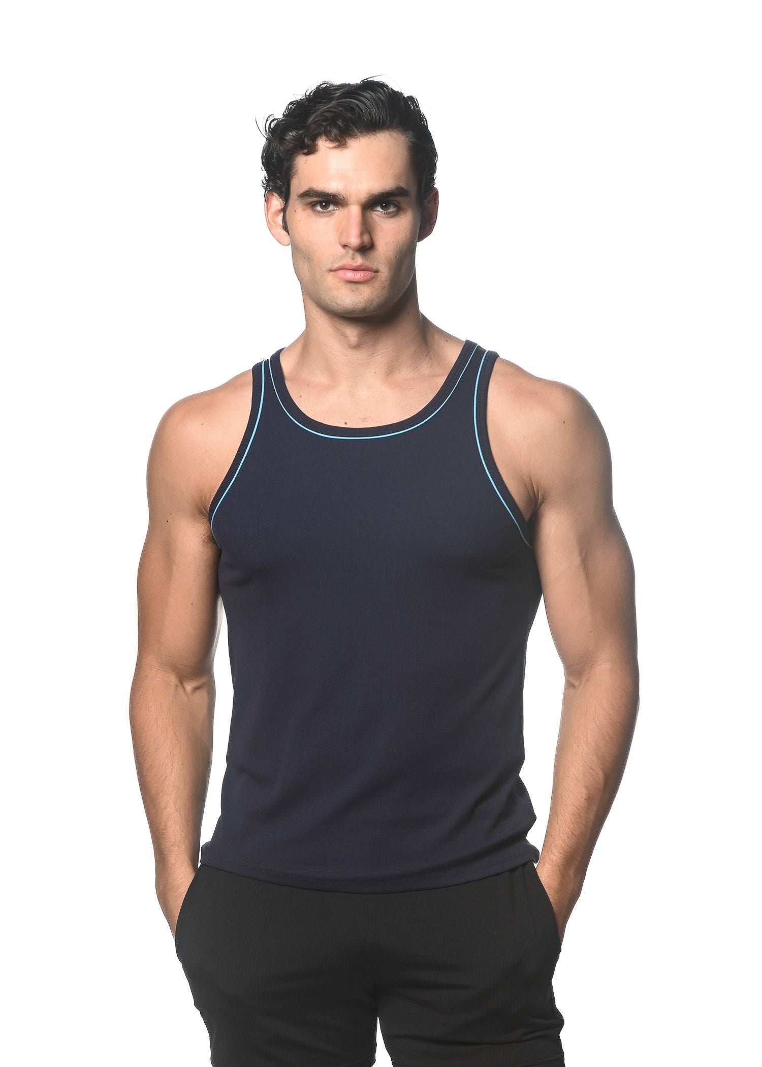 RIB STRETCH TENCEL/COTTON TANK W/ FINE PIPING