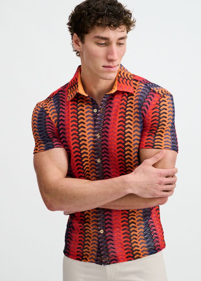 ST33LE Arrow Stripe Open Knit Stretch Shirt - Navy/Red