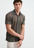 ST33LE Men's Vertical Stripe Open Knit Stretch Shirt - Turquoise/Khaki