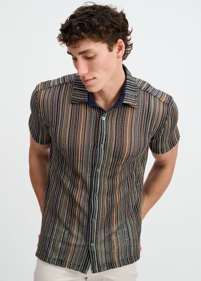 ST33LE Men's Vertical Stripe Open Knit Stretch Shirt - Turquoise/Khaki