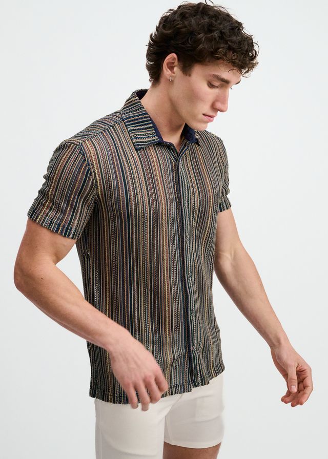 ST33LE Men's Vertical Stripe Open Knit Stretch Shirt - Turquoise/Khaki