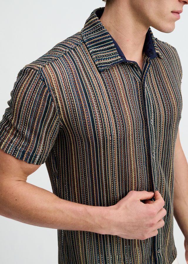 ST33LE Men's Vertical Stripe Open Knit Stretch Shirt - Turquoise/Khaki