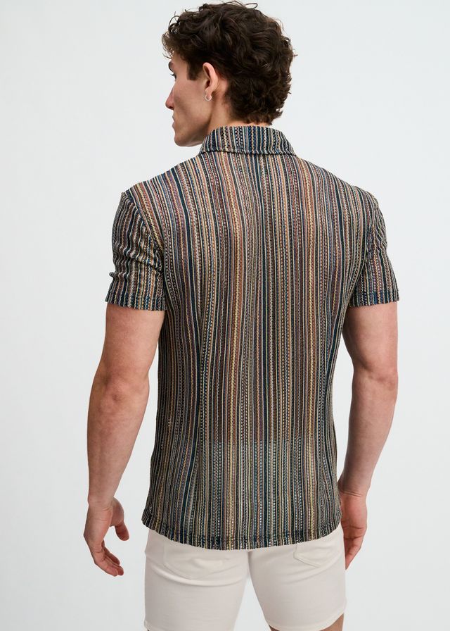 ST33LE Men's Vertical Stripe Open Knit Stretch Shirt - Turquoise/Khaki