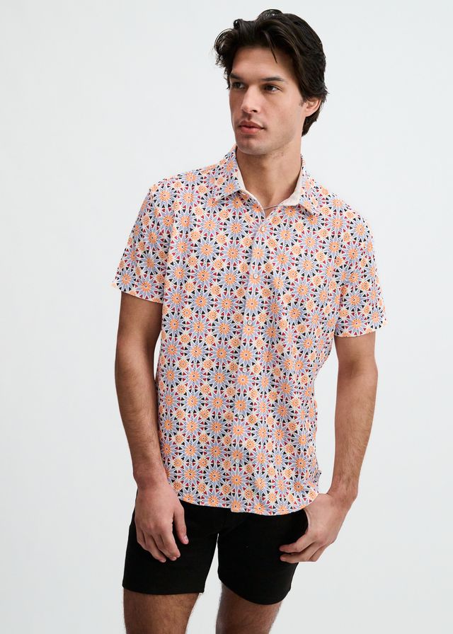 ST33LE Men's Medallions Print Open Knit Shirt - Cayenne/Thistle