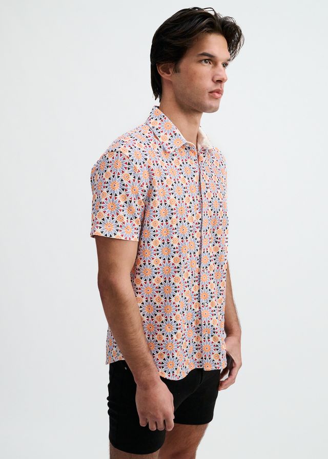 ST33LE Men's Medallions Print Open Knit Shirt - Cayenne/Thistle