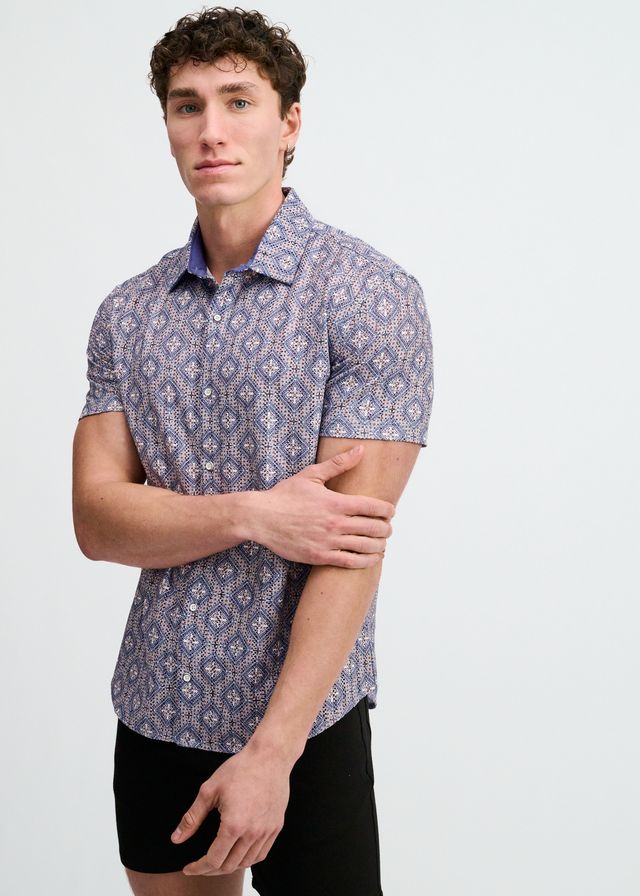 ST33LE Diamonds Print Open Knit Shirt - Blueberry/Petal