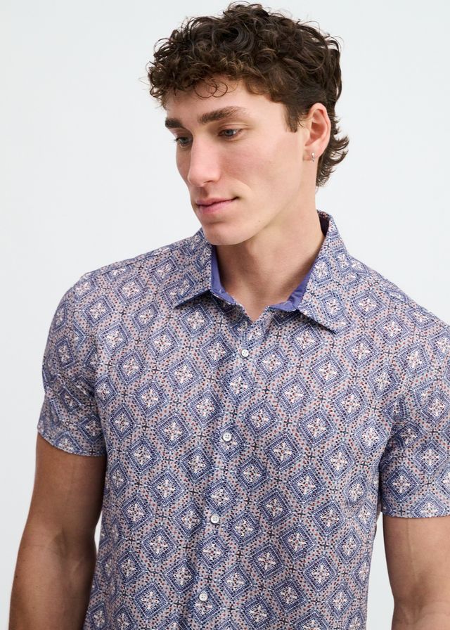 ST33LE Diamonds Print Open Knit Shirt - Blueberry/Petal