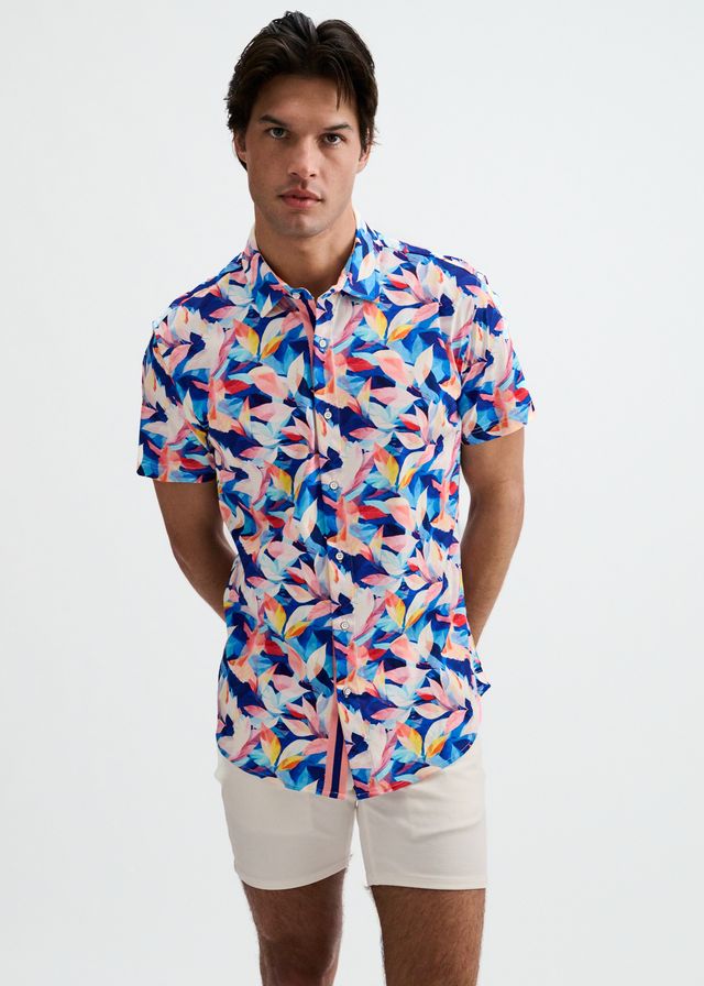 ST33LE Men's Leaves Print Stretch Knit Shirt - Navy/Blush Leaves