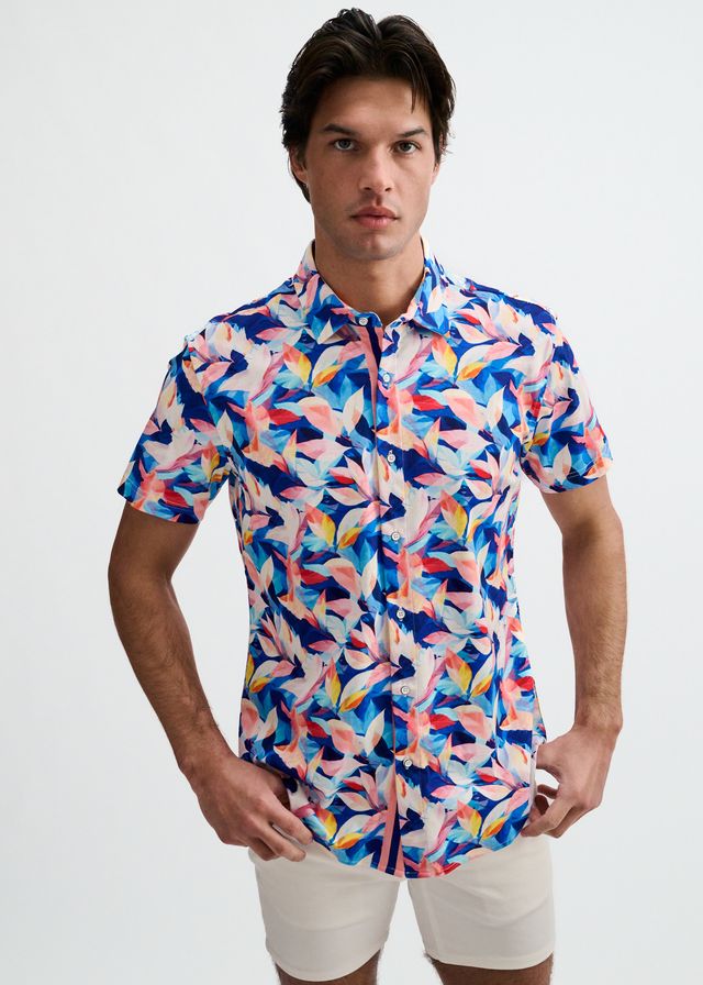 ST33LE Men's Leaves Print Stretch Knit Shirt - Navy/Blush Leaves