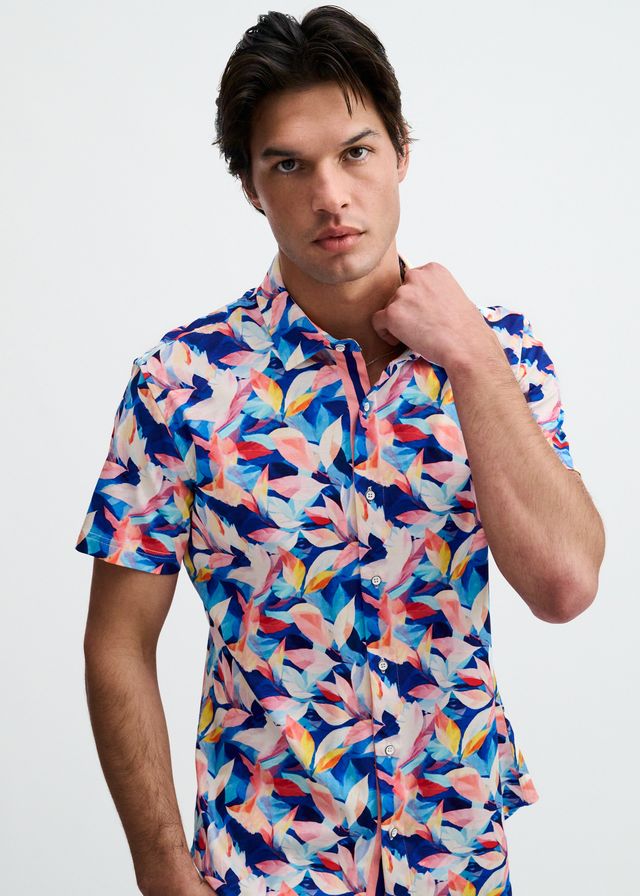 ST33LE Men's Leaves Print Stretch Knit Shirt - Navy/Blush Leaves
