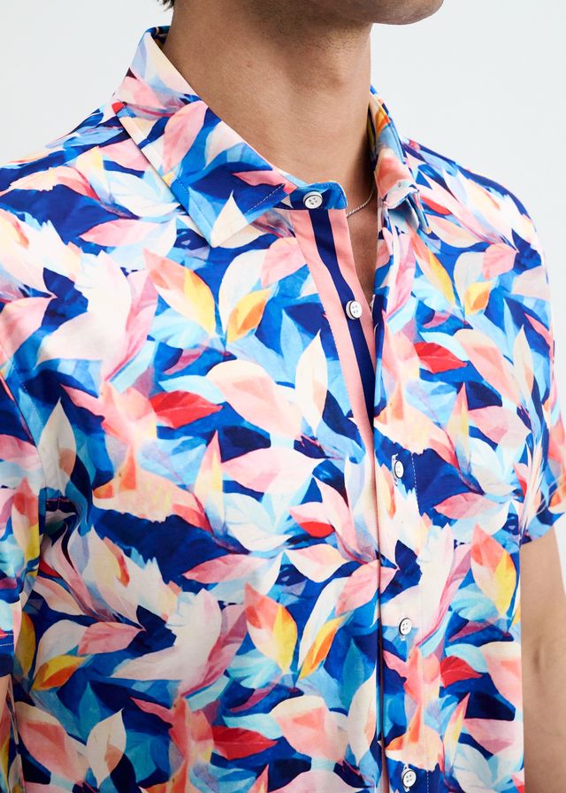 ST33LE Men's Leaves Print Stretch Knit Shirt - Navy/Blush Leaves