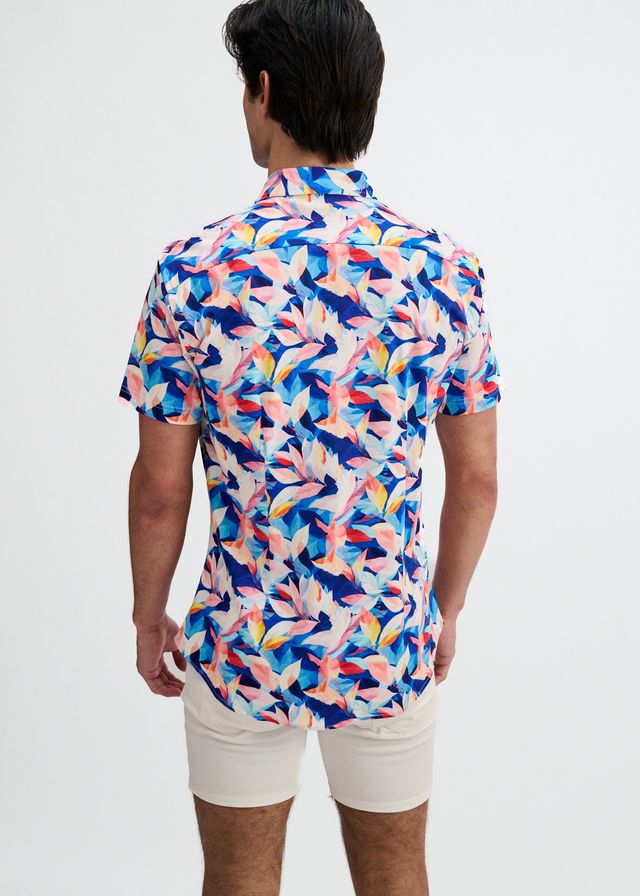 ST33LE Men's Leaves Print Stretch Knit Shirt - Navy/Blush Leaves