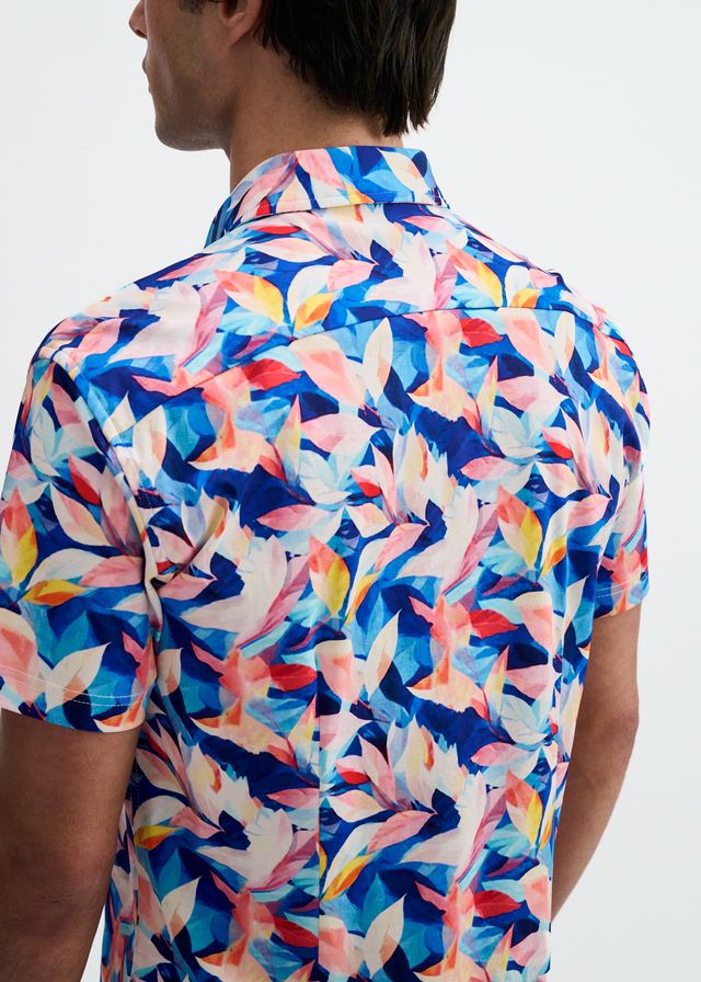 ST33LE Men's Leaves Print Stretch Knit Shirt - Navy/Blush Leaves