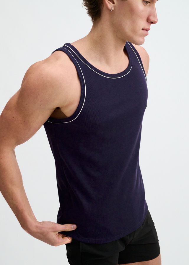 ST33LE Rib Stretch Ringer Tank W/ Piping Detail - Navy/White