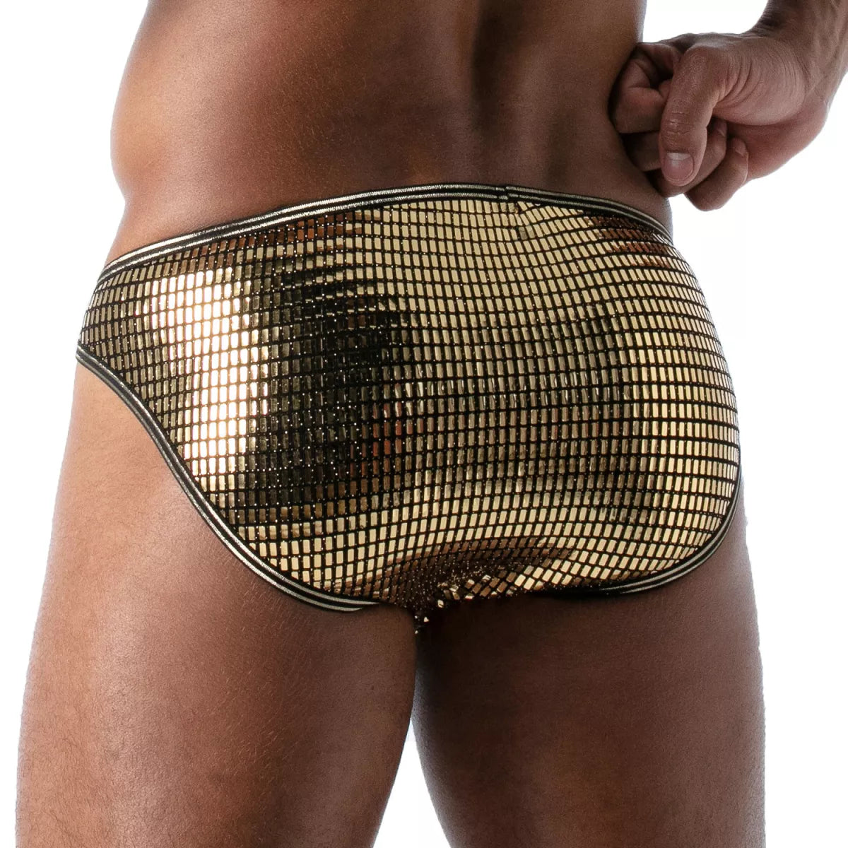 Star bikini brief gold metallic mesh briefs with black trim showcasing shiny breathable fabric design