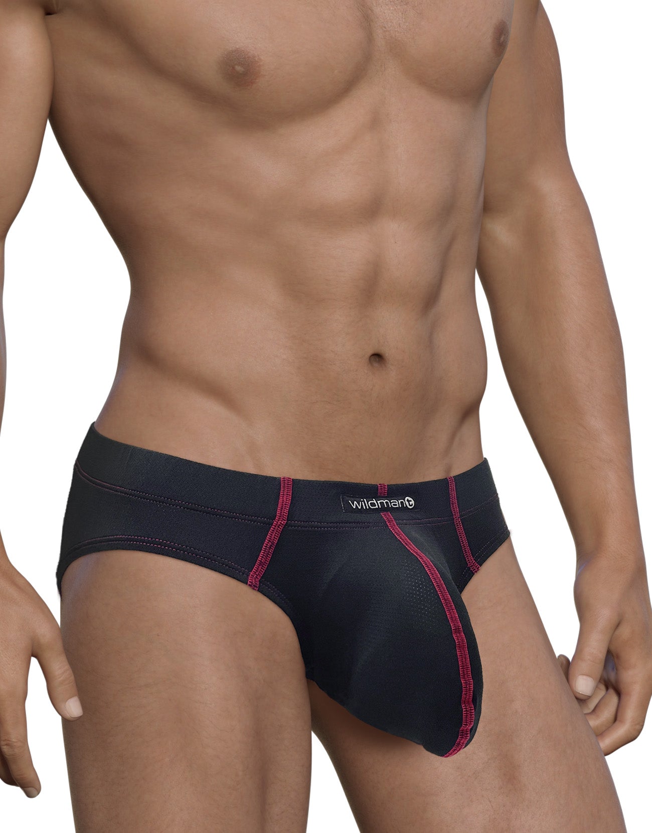 Black WildmanT pouch brief with red contrast stitching and a prominent, contoured front pouch.