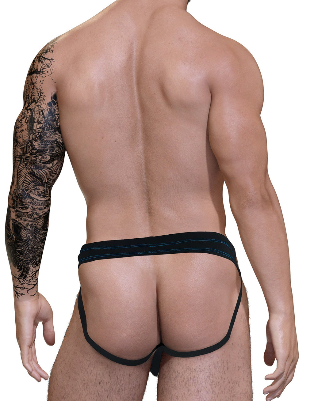 Back view of a man wearing a black jockstrap with thin blue stitching detail on the waistband.