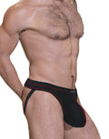 Black jockstrap with a contoured pouch, featuring red contrast stitching and a branded waistband on a male model.