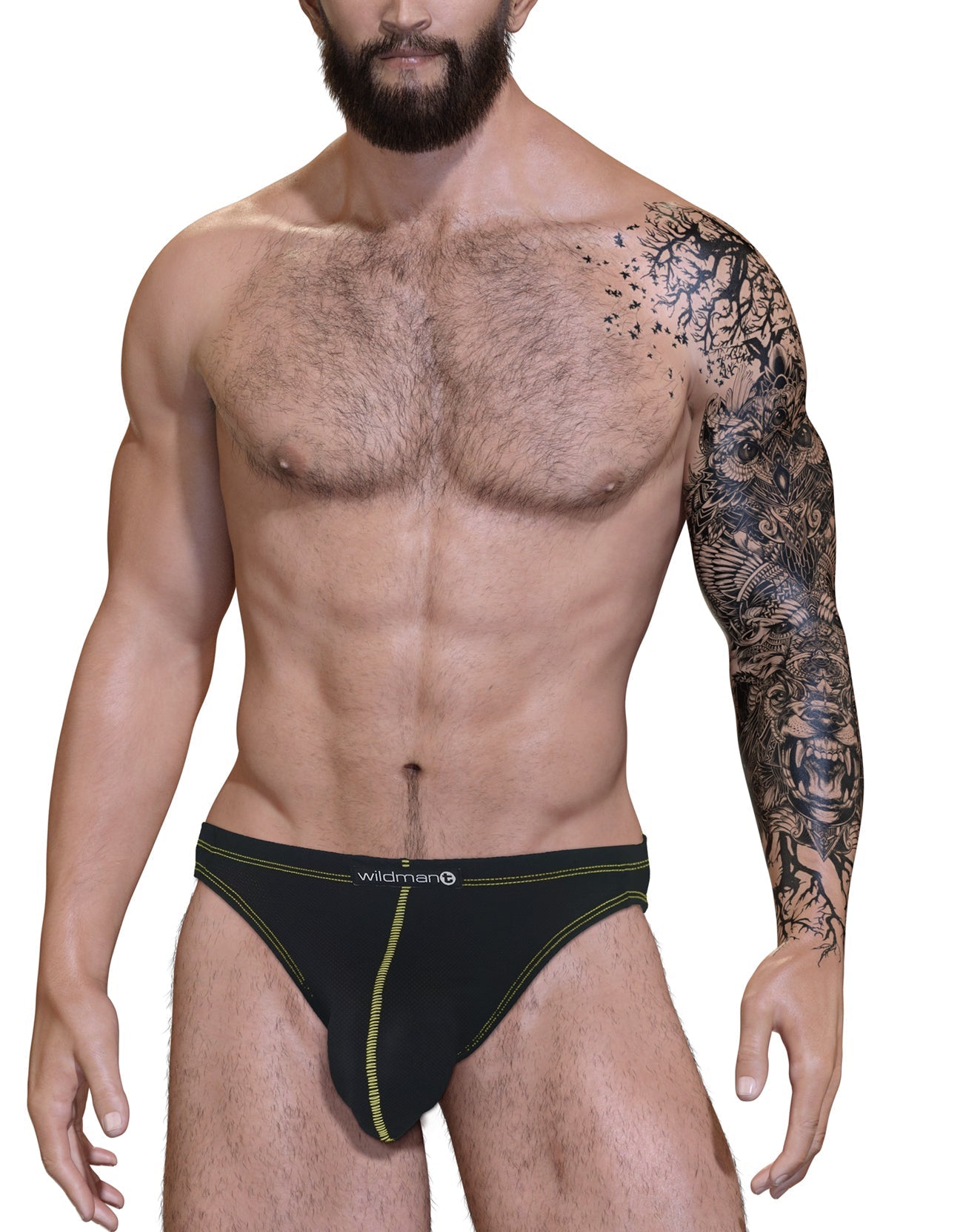 Black jockstrap with a supportive pouch, featuring bright yellow contrast stitching and a centered Wildmant logo.