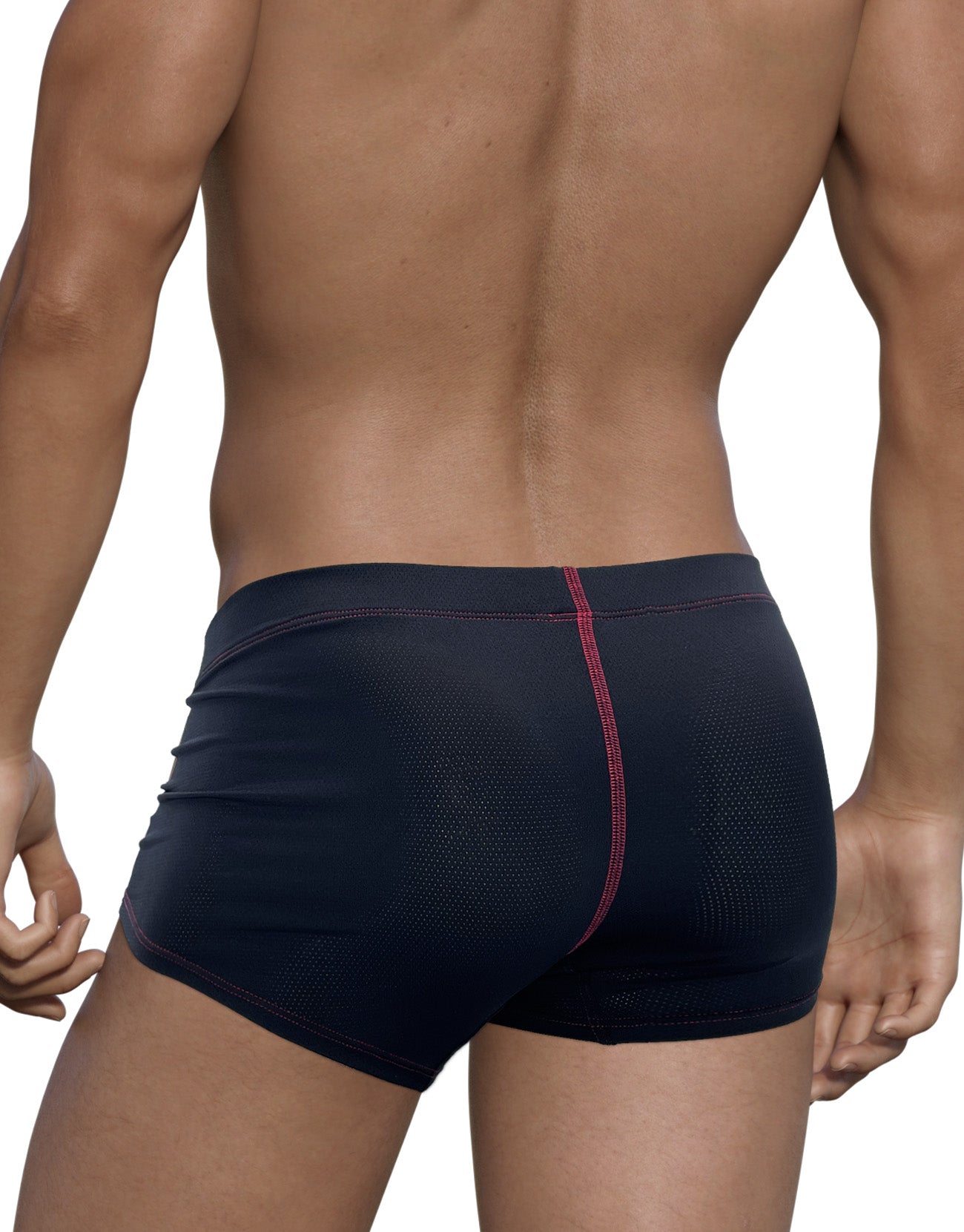 Rear view of black perforated boxer briefs with red contrast stitching, shown on a muscular male torso.