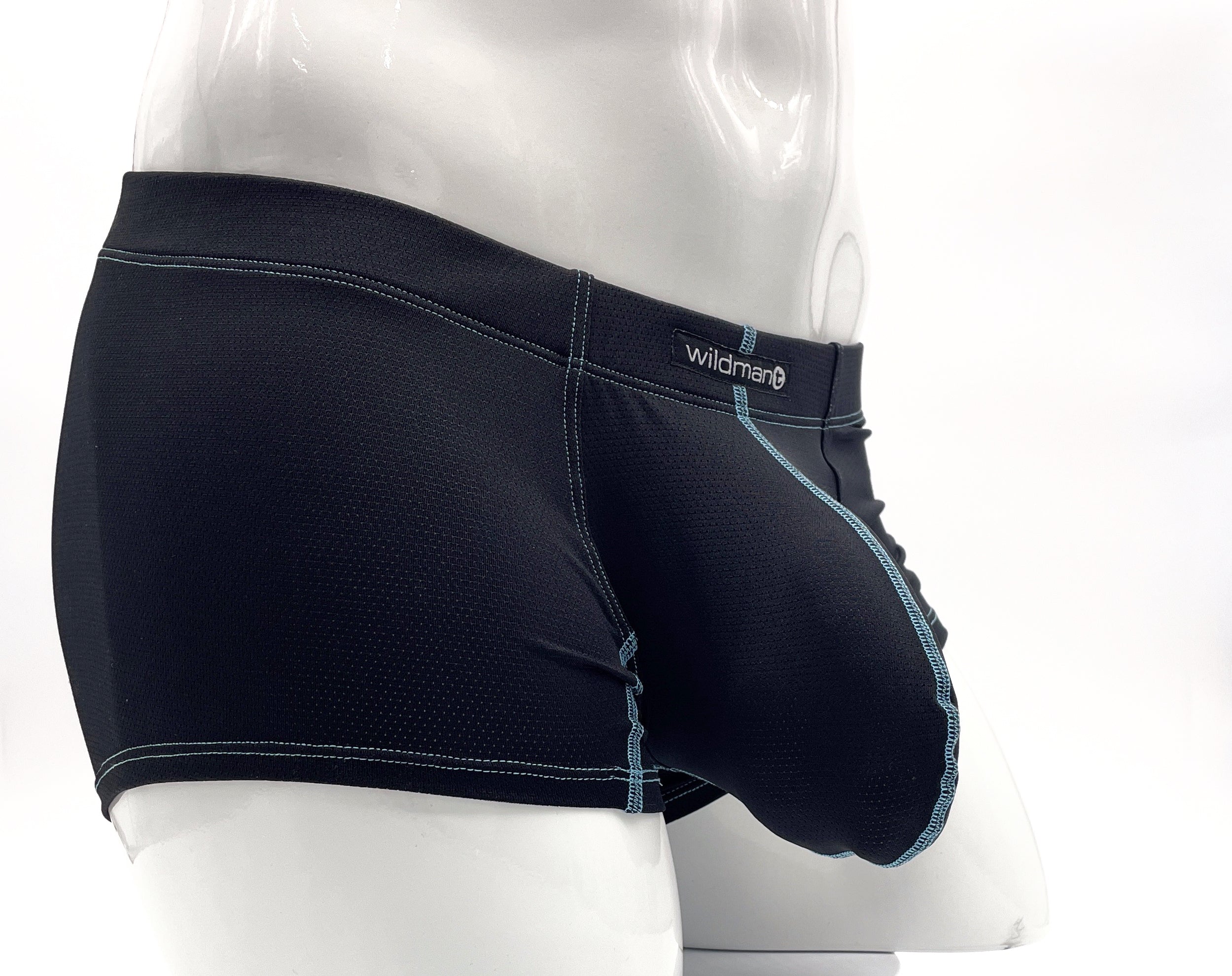 Black Big Boy pouch boxer briefs with blue contrast stitching on a mannequin, featuring a Wildman logo tag.