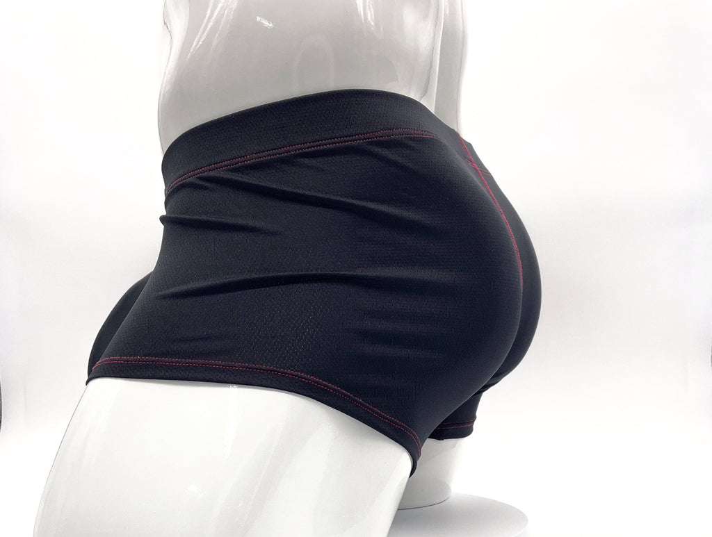 Black Big Boy pouch boxer briefs with red contrast stitching, shown from the side on a white mannequin.