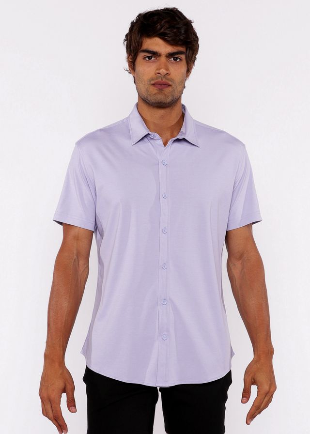 A light lavender stretch knit short-sleeved shirt with classic collar and button-up front for comfortable wear