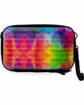 Suitcase handbag vibrant translucent cosmetic case with geometric rainbow pattern black zipper and strap