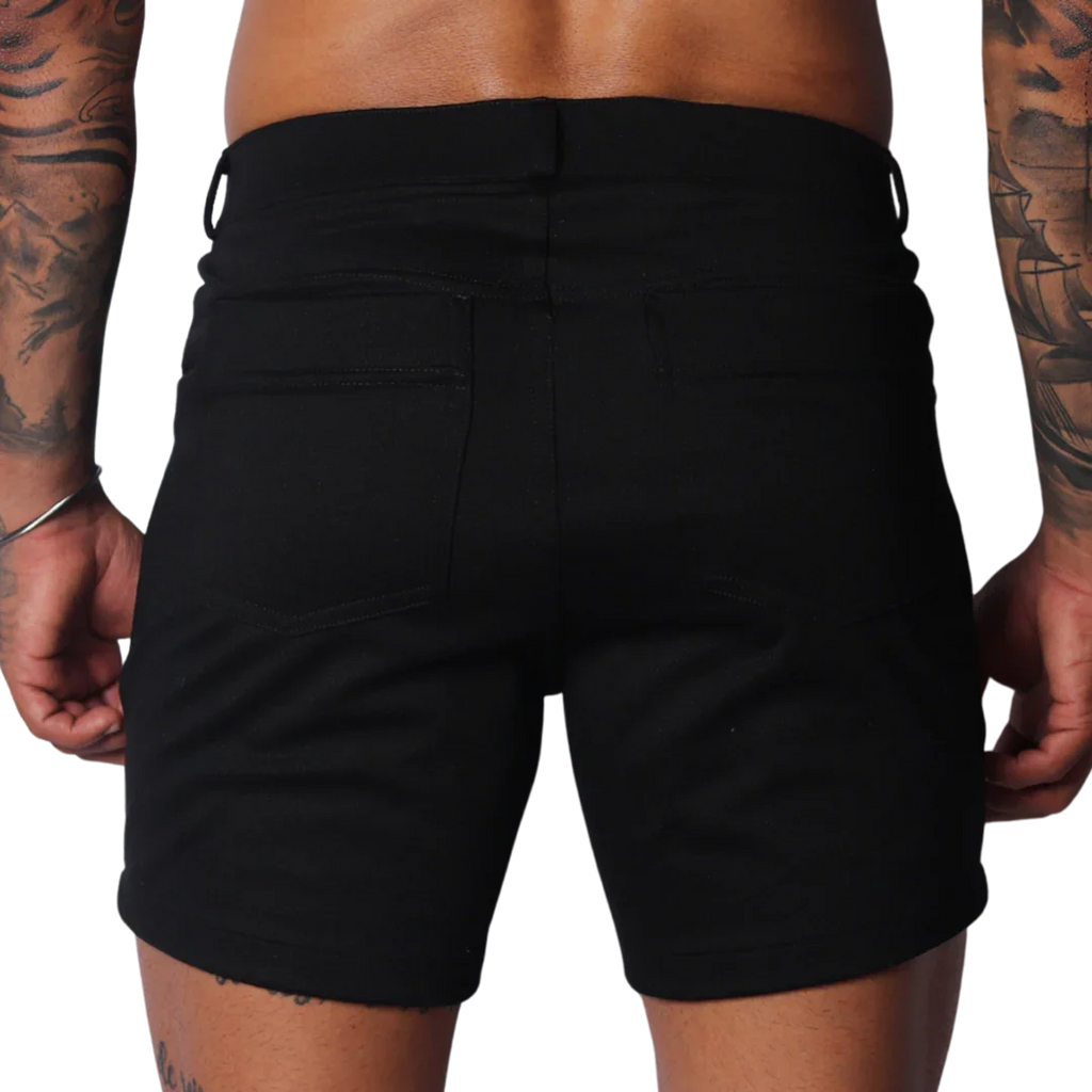 Form-fitting black denim shorts featuring a classic five-pocket design, belt loops, and a clean, minimalist back.