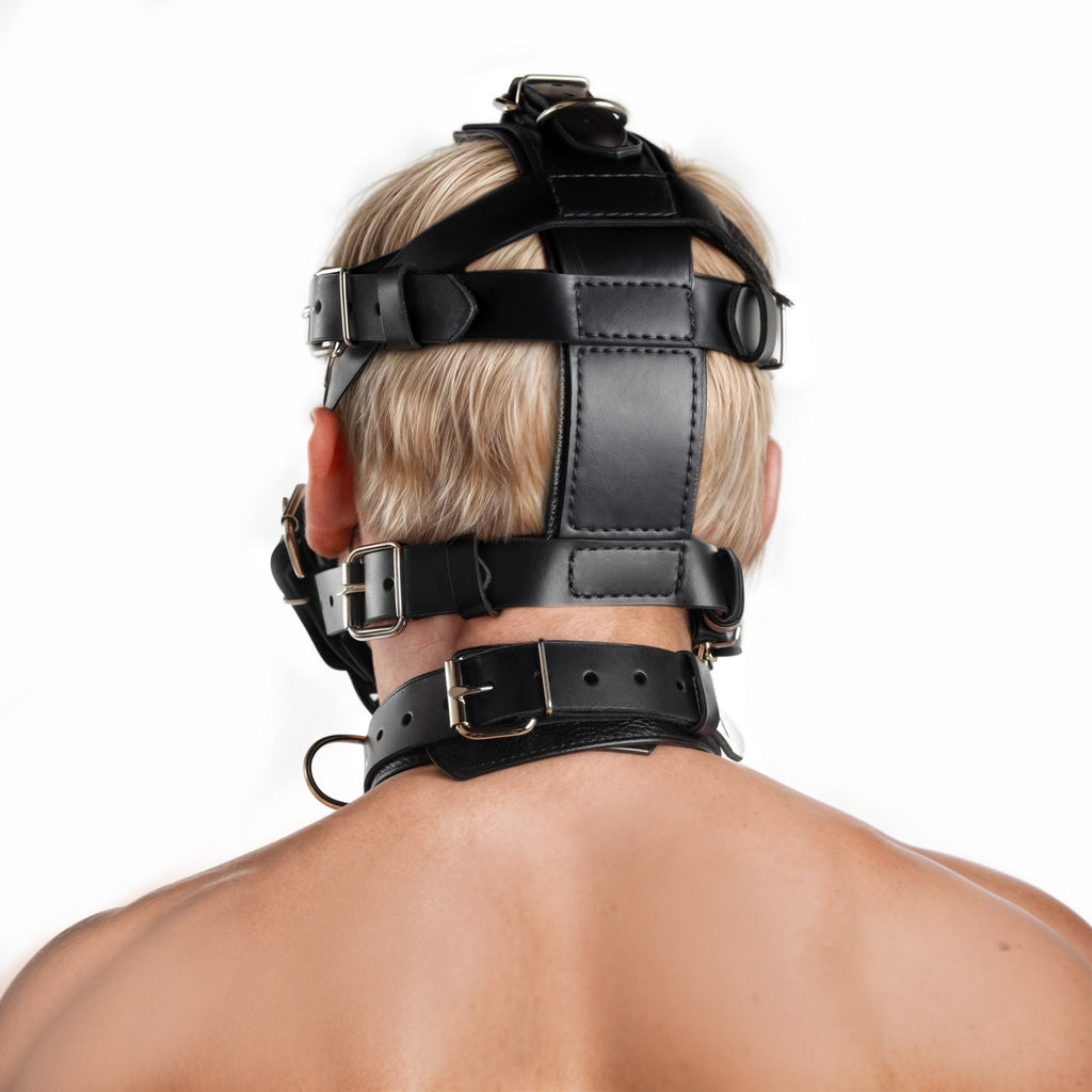 Strict Leather Muzzle in black leather, showing a multi-strap harness headgear and collar from the back.