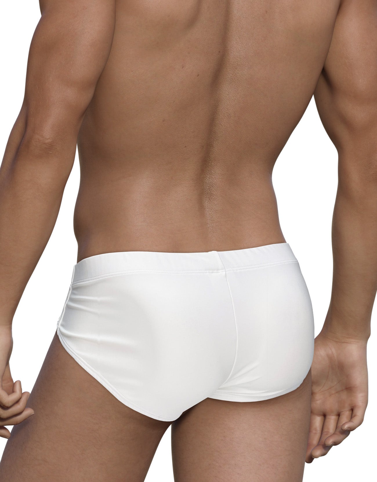 Back view of a muscular man wearing solid white WildmanT Big Boy Pouch swim briefs with a classic low-rise fit.