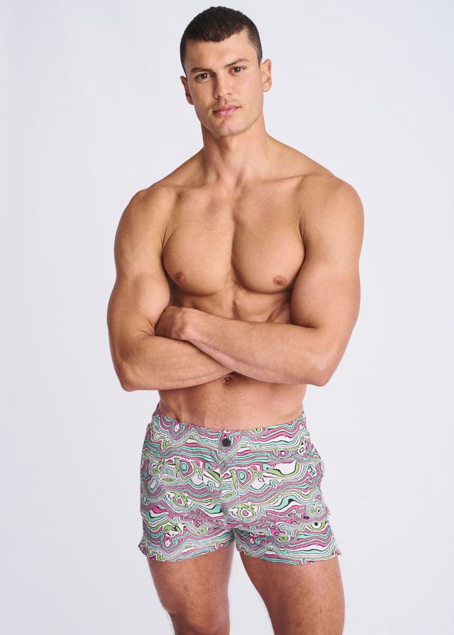 SWIRLS PRINT SEERSUCKER SWIM SHORTS W/ MESH LINING - DealByEthan.gay loves POSTMARC
