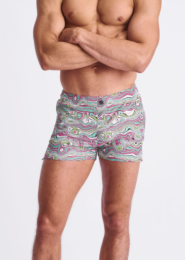 SWIRLS PRINT SEERSUCKER SWIM SHORTS W/ MESH LINING - DealByEthan.gay loves POSTMARC