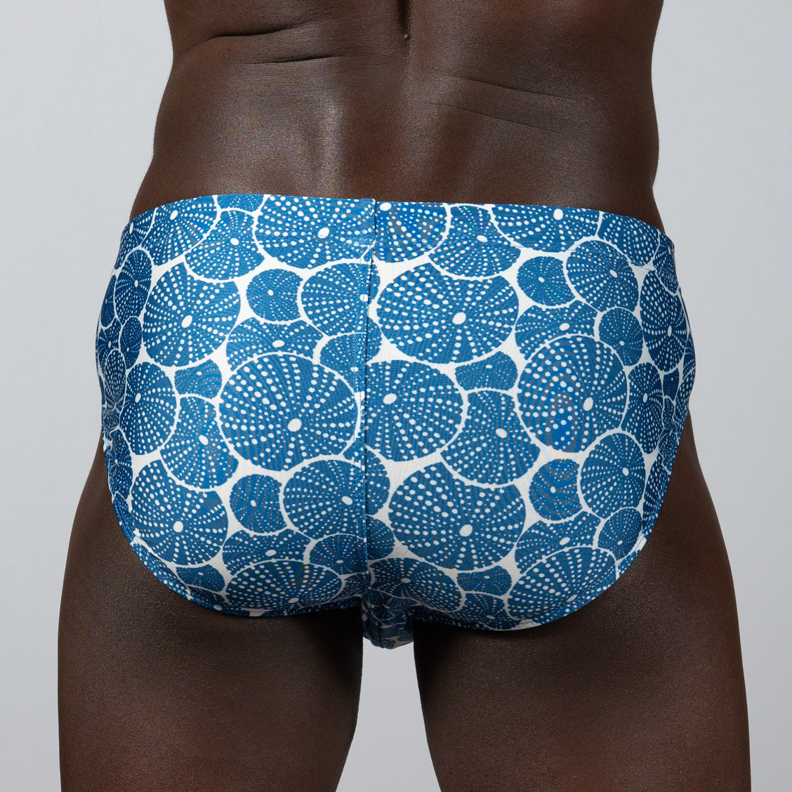 Blue and white patterned swim trunks with repeating circular dotted sea urchin motifs called sand dollar brief