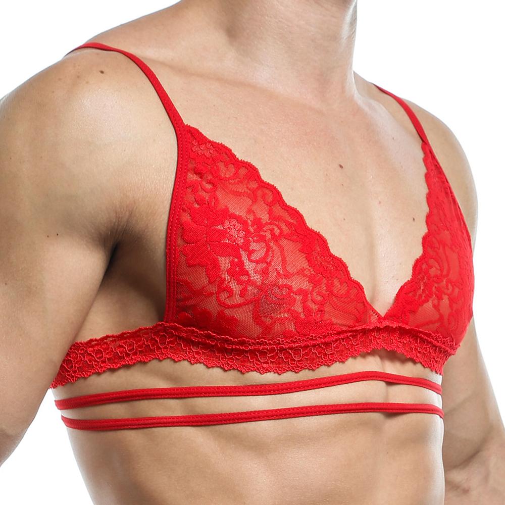 Red lace triangle bra with thin straps and bandeau style from secret male sma011 tops and bras collection