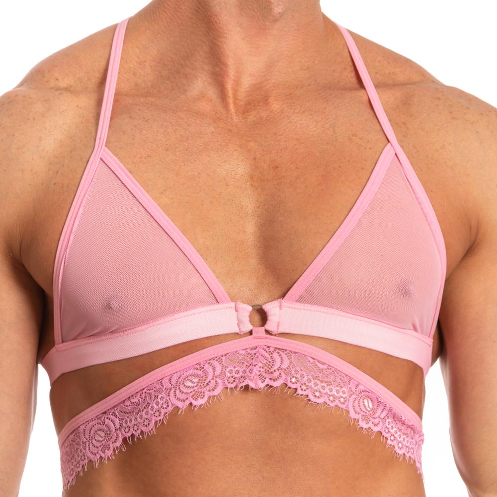 Pink mesh triangle bra with lace trim and satin band from secret male sma017 tops and bras collection