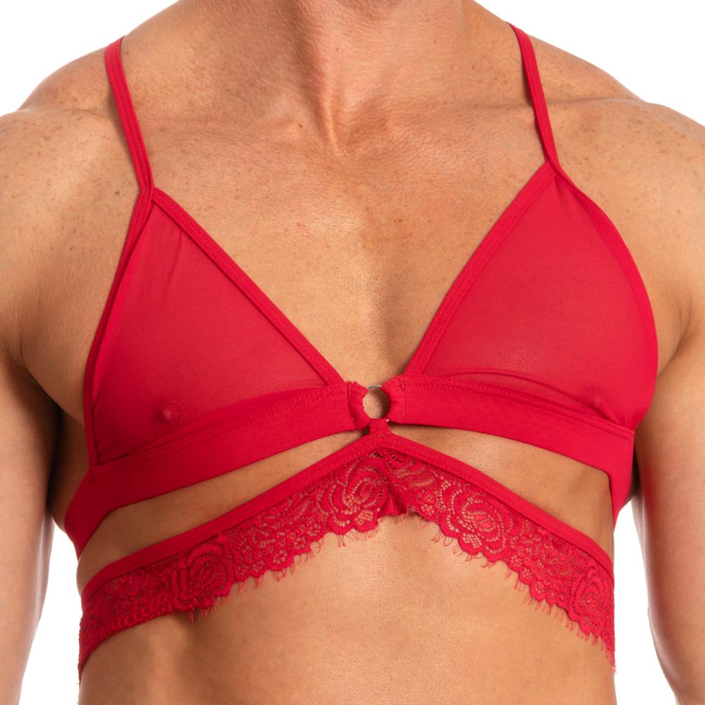 Red lace-trimmed bra with central ring detail and sheer mesh panels from secret male sma017 tops and bras collection