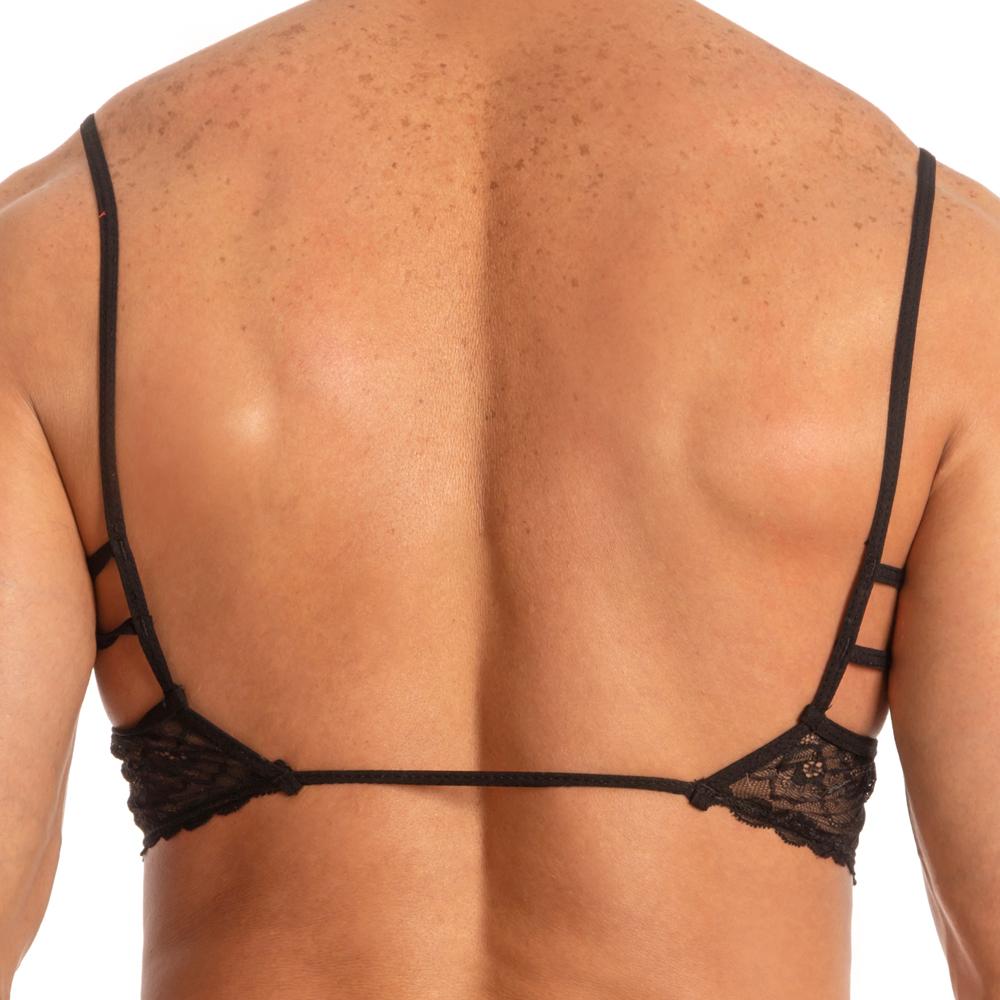Black lace bra with thin straps and intricate floral patterns from secret male sma018 tops and bras collection