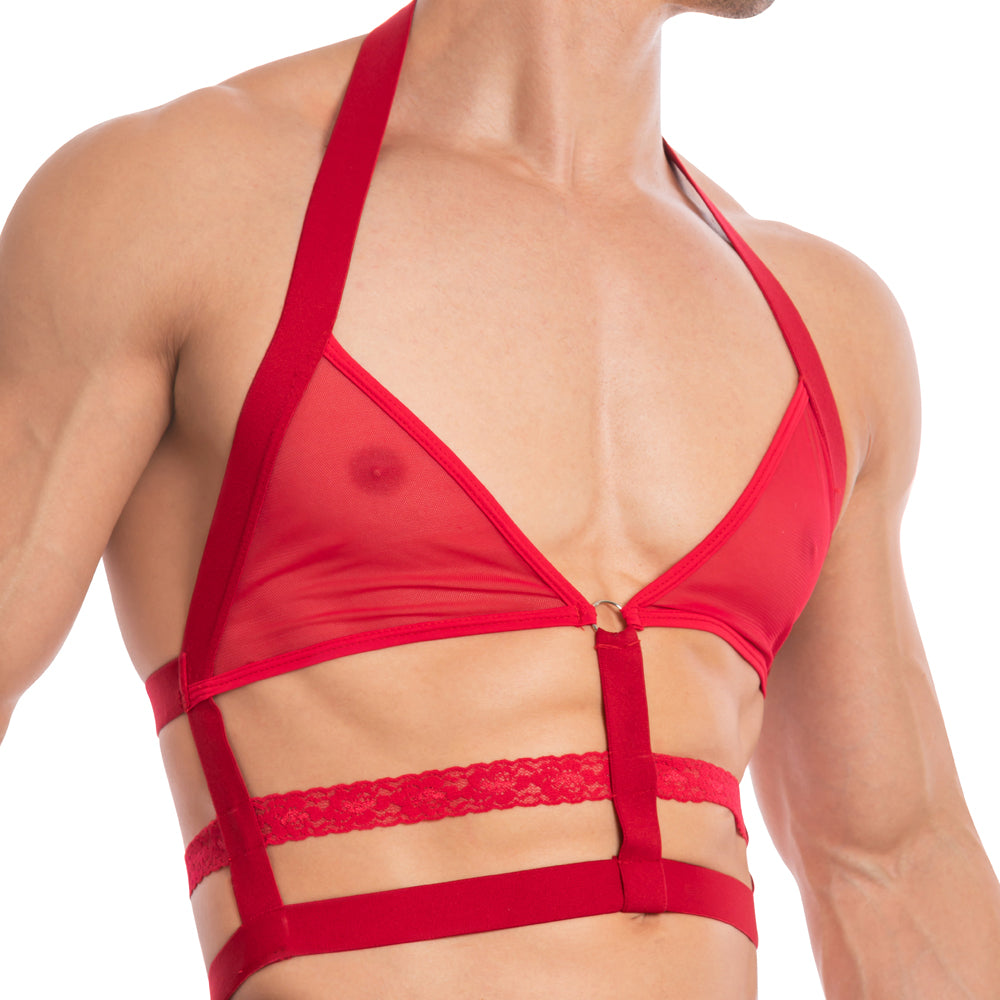 Red sheer lace-trimmed harness-style top from secret male sma019 featuring delicate lace and bold straps