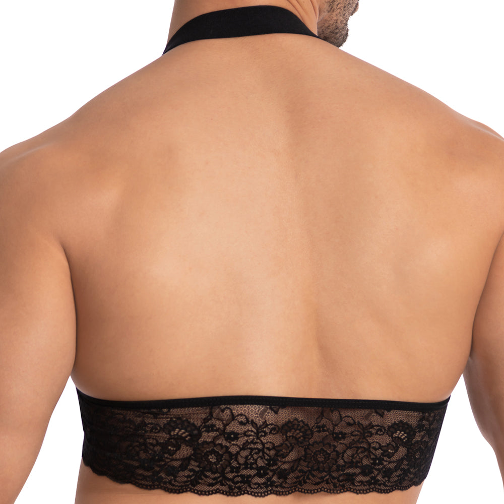 Black lace halter top with intricate floral patterns and smooth elastic band from secret male sma021 tops and bras collection